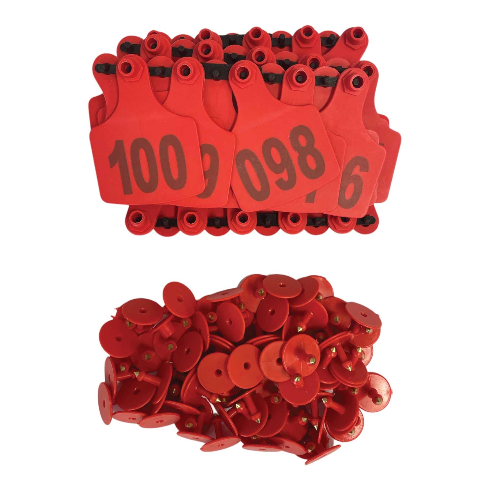 1-100 Cattle Number Ear Tags 7.5x10cm Set - XL Red Cow Sheep Livestock Labels - John Cootes