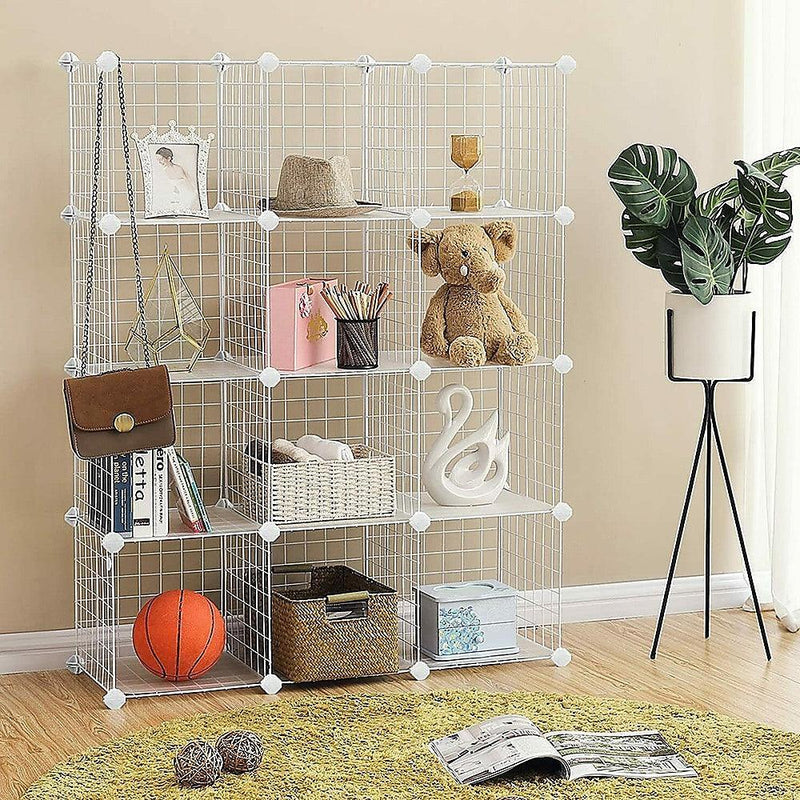 12 Cube Wire Grid Organiser Bookcase Storage Cabinet Wardrobe Closet White - John Cootes