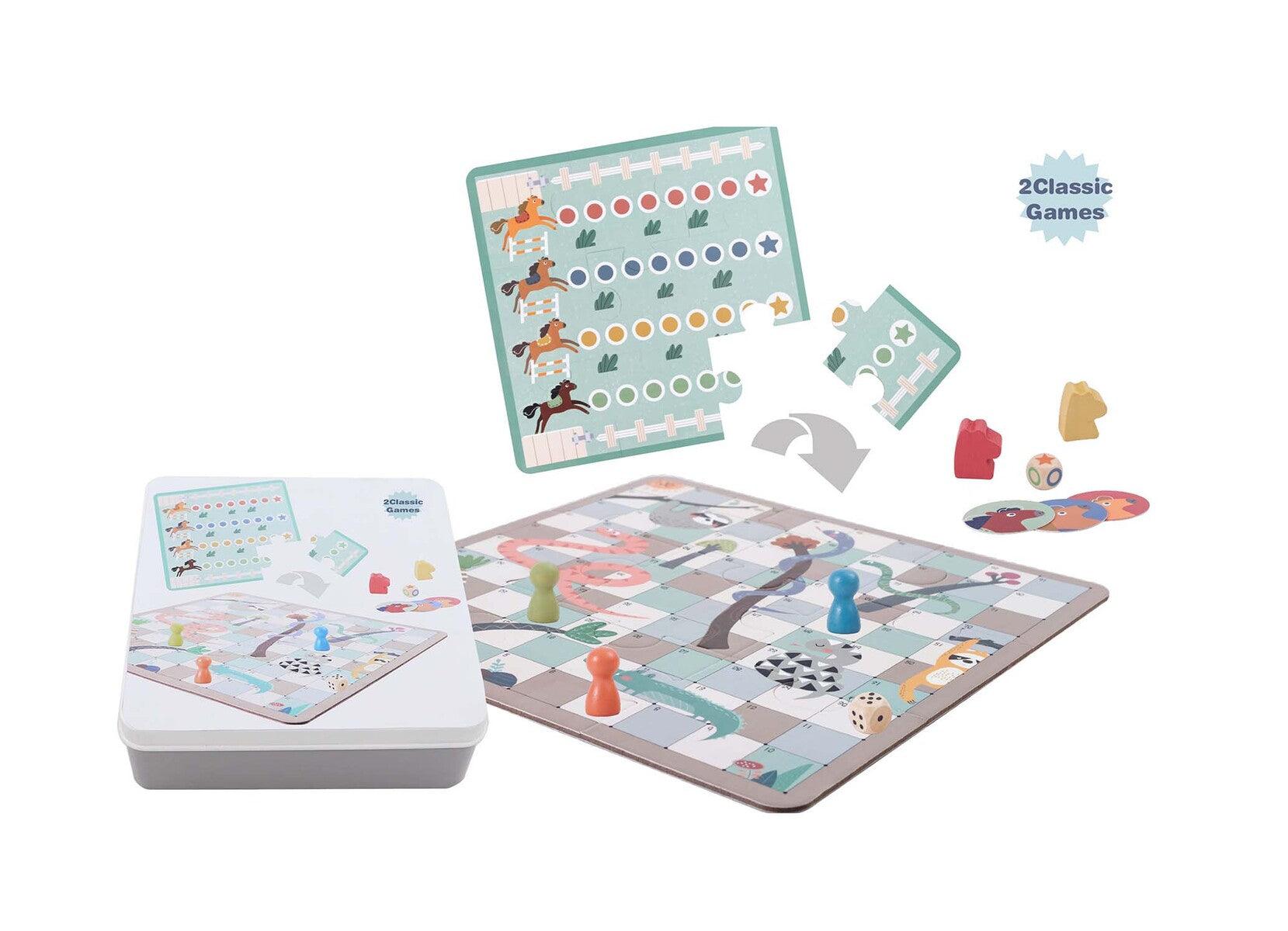 2 IN 1 GAME IN TIN BOX SNAKE & LADDER HORSE RACING - John Cootes