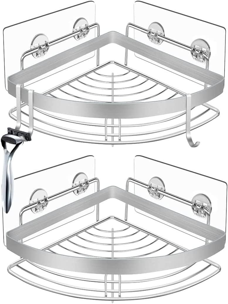 2 Pack Wall Mounted Adhesive Stainless Steel with Hooks Bathroom Shelf Storage Organizer - John Cootes