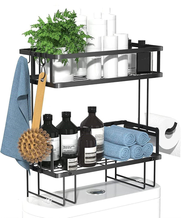 2 Tier Freestanding Bathroom Storage Organizer with Adhesive Base and Hooks for Bathroom - John Cootes