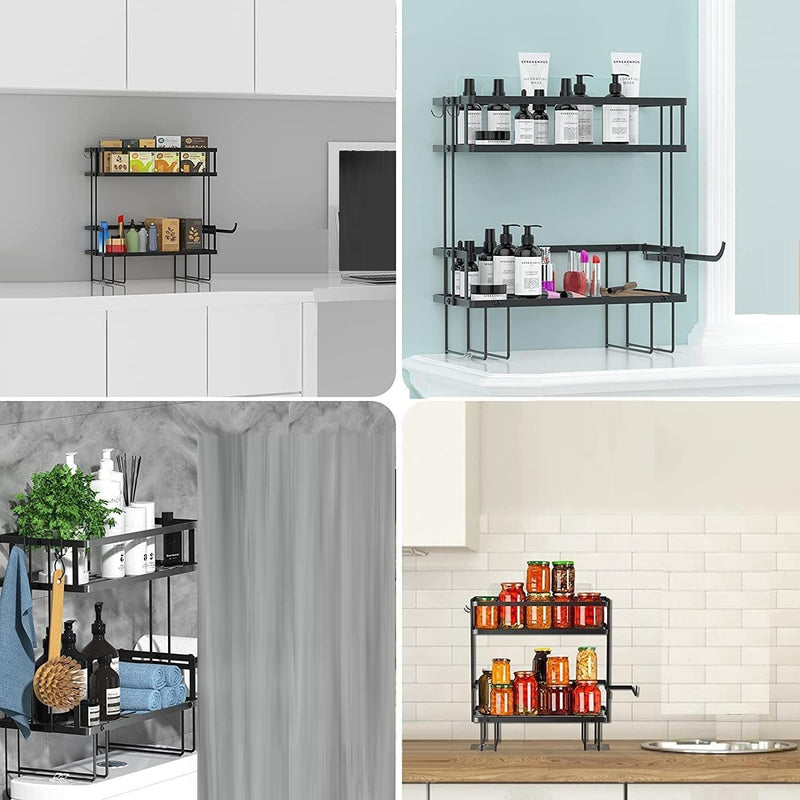 2 Tier Freestanding Bathroom Storage Organizer with Adhesive Base and Hooks for Bathroom - John Cootes