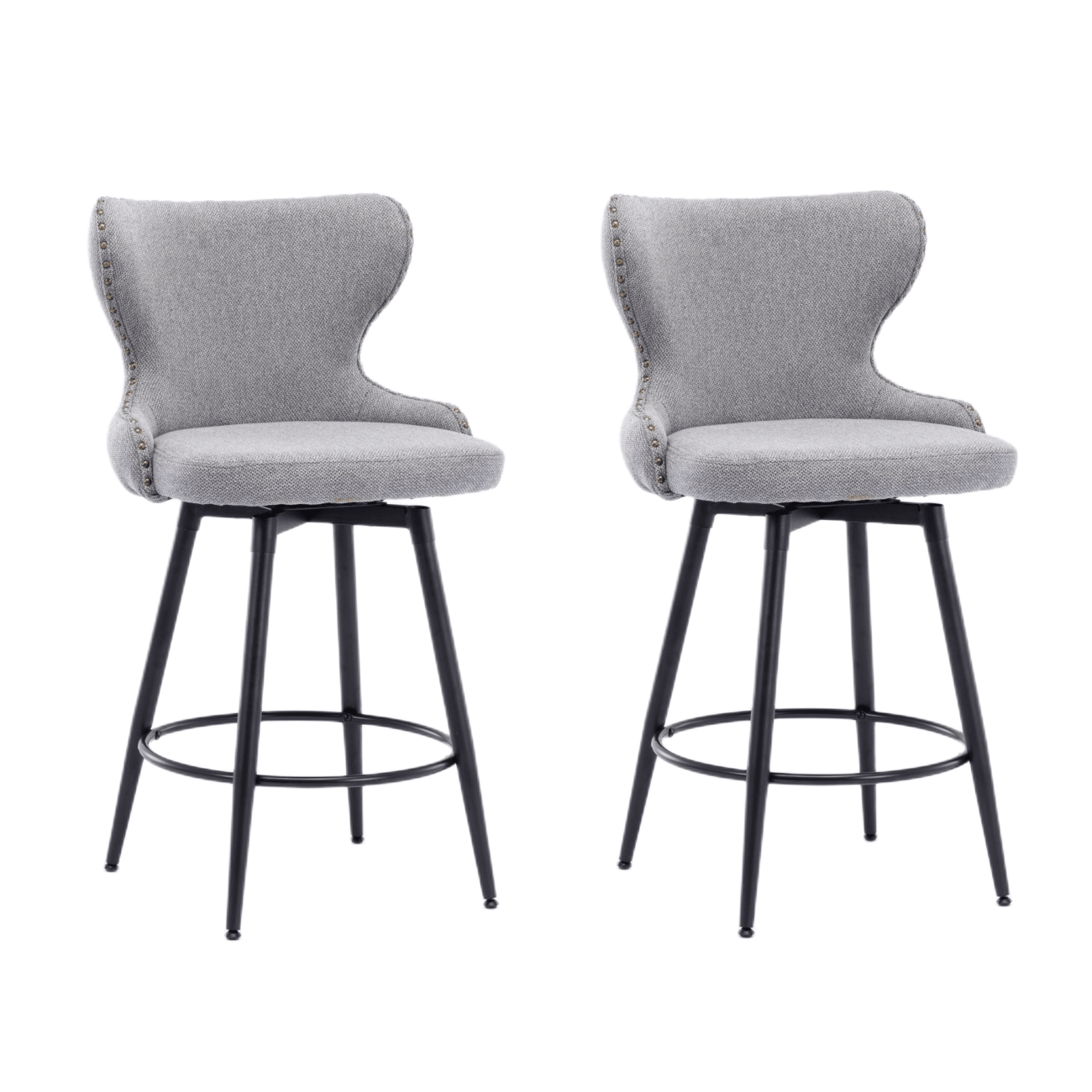 2x Swivel Bar Stools Tufted Counter Chairs with Stud Trim and Metal Base-Dark Grey - John Cootes