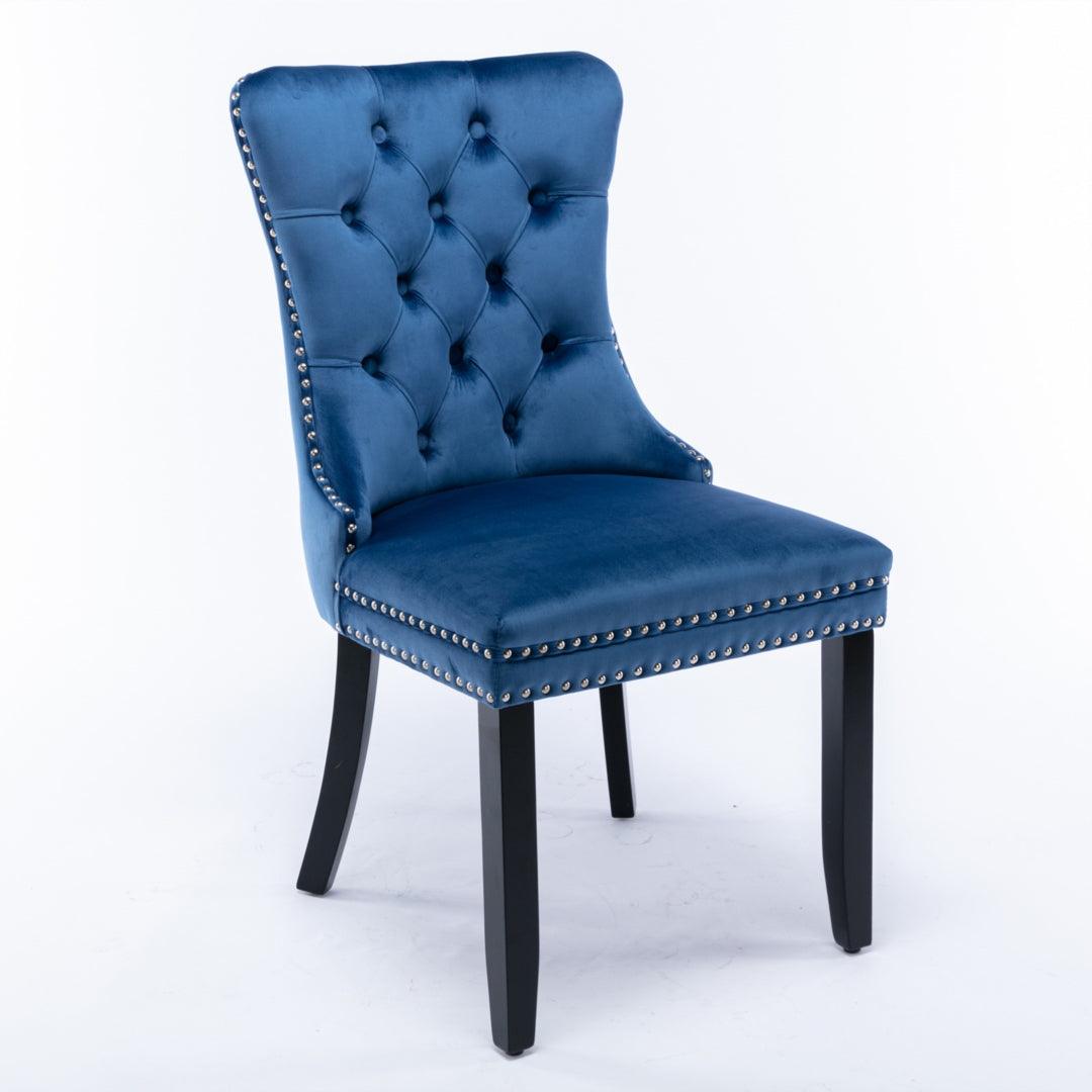 2x Velvet Dining Chairs Upholstered Tufted Kithcen Chair with Solid Wood Legs Stud Trim and Ring-Blue - John Cootes