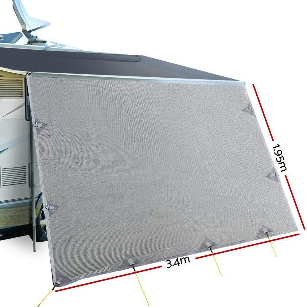 3.4M Caravan Privacy Screens 1.95m Roll Out Awning End Wall Side Sun Shade - John Cootes