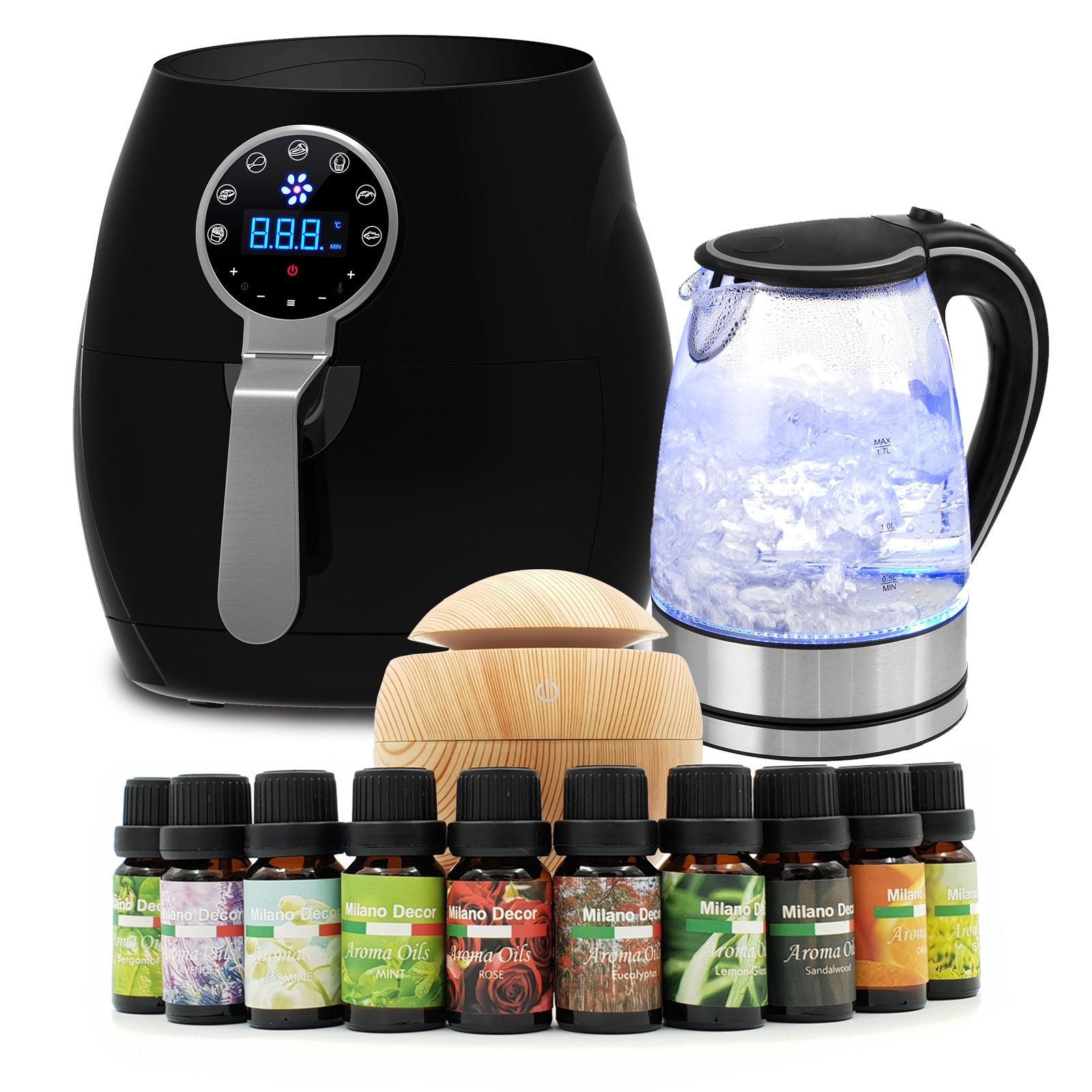 5 Litre Air Fryer Black + 1.7 Litre Kettle + USB Light Wood Diffuser Package Set - John Cootes
