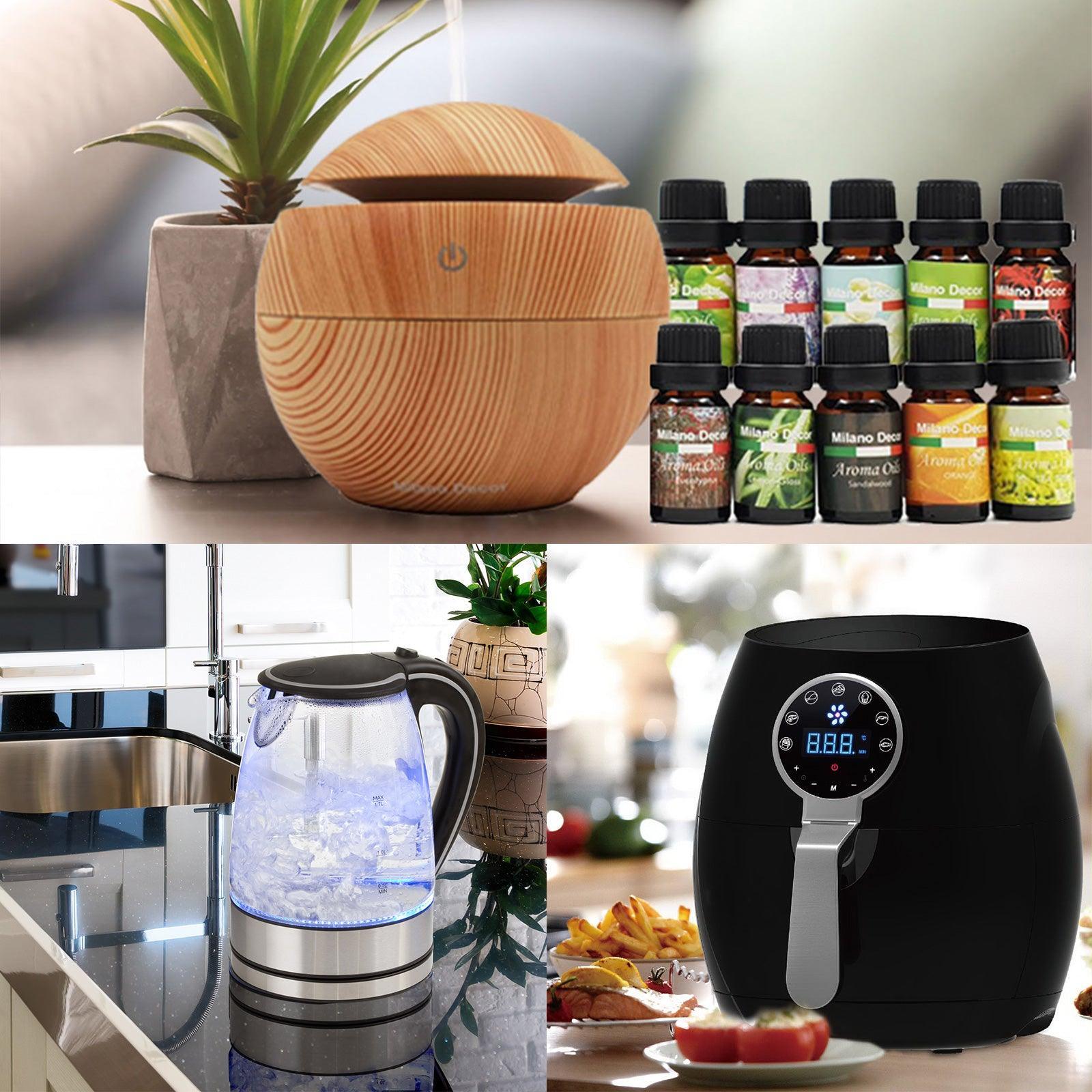 5 Litre Air Fryer Black + 1.7 Litre Kettle + USB Light Wood Diffuser Package Set - John Cootes