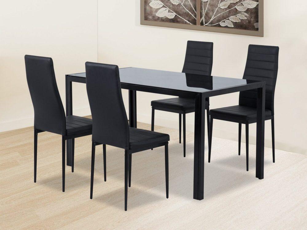 5PC Indoor Dining Table and Chairs Dinner Set Glass Leather Kitchen-Black - John Cootes