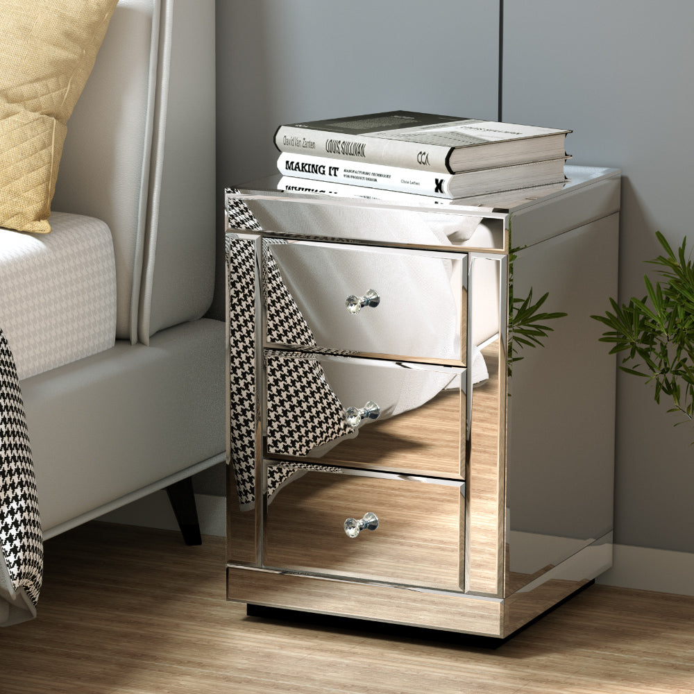 Artiss Bedside Table Drawers Mirrored PRESIA Silver