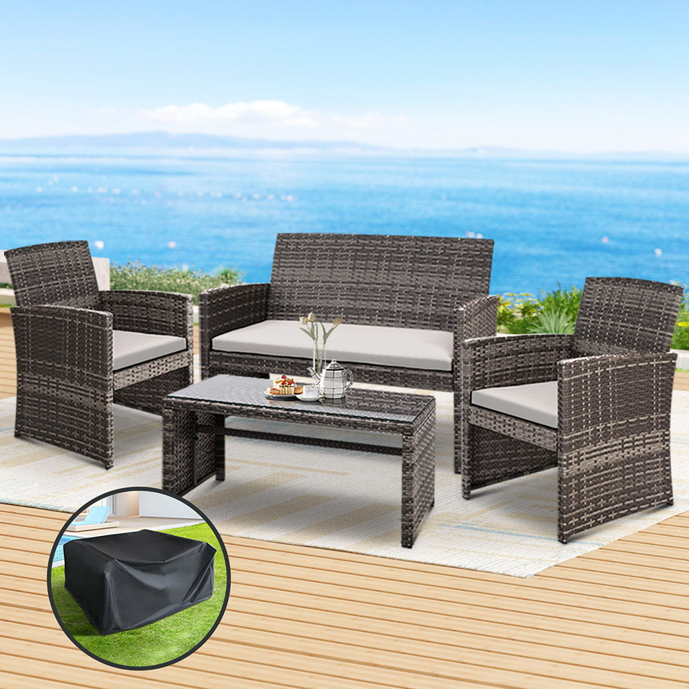 Gardeon PCS Outdoor Sofa Set with Storage Cover Rattan Chair Furnitu