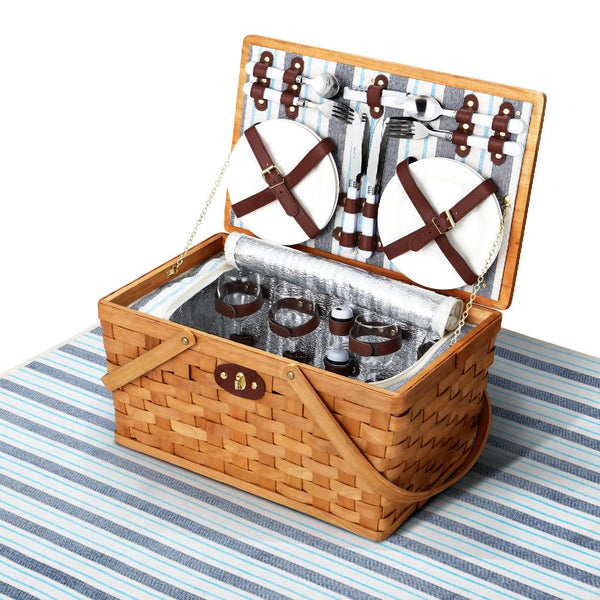 Alfresco Picnic Basket Set Wooden Cooler Bag 4 Person Outdoor Insulated Liquor - John Cootes