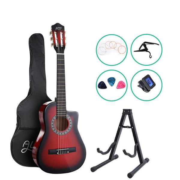 Alpha 34'' Inch Guitar Classical Acoustic Cutaway Wooden Ideal Kids Gift Children 1/2 Size Red with Capo Tuner - John Cootes