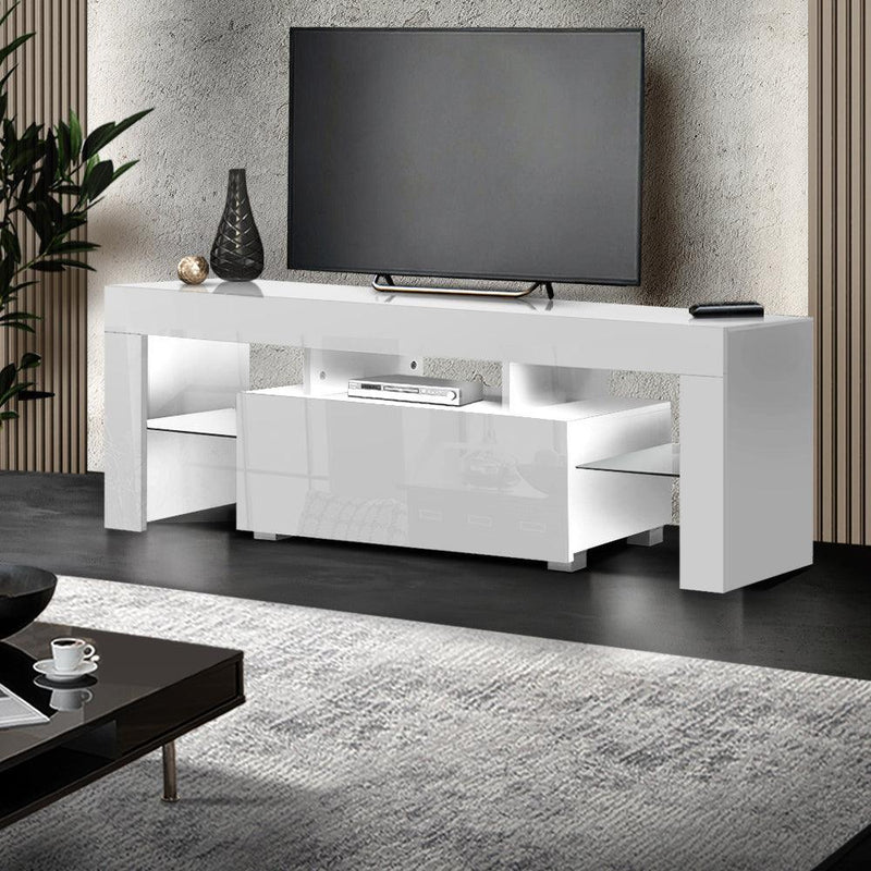 Artiss 130cm RGB LED TV Stand Cabinet Entertainment Unit Gloss Furniture Drawer Tempered Glass Shelf White - John Cootes