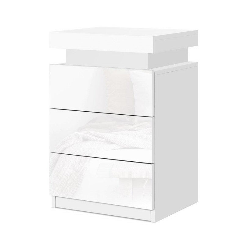 Artiss Bedside Tables Side Table 3 Drawers RGB LED High Gloss Nightstand White - John Cootes