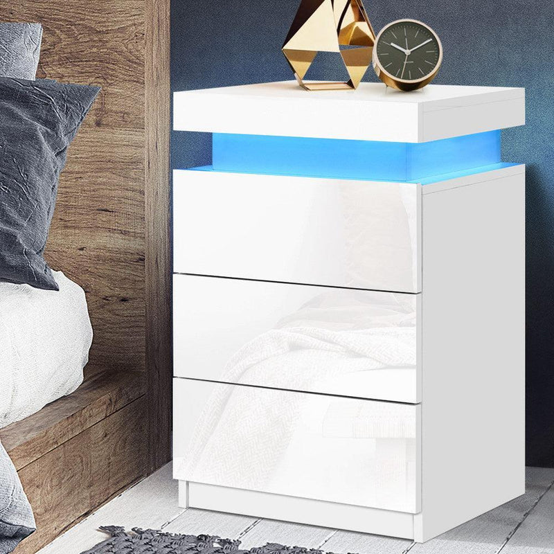 Artiss Bedside Tables Side Table 3 Drawers RGB LED High Gloss Nightstand White - John Cootes