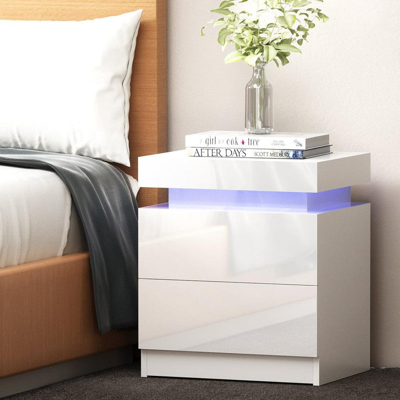 Artiss Bedside Tables Side Table Drawers RGB LED High Gloss Nightstand White - John Cootes