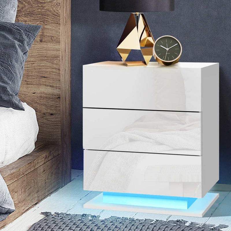 Artiss Bedside Tables Side Table RGB LED Lamp 3 Drawers Nightstand Gloss White - John Cootes