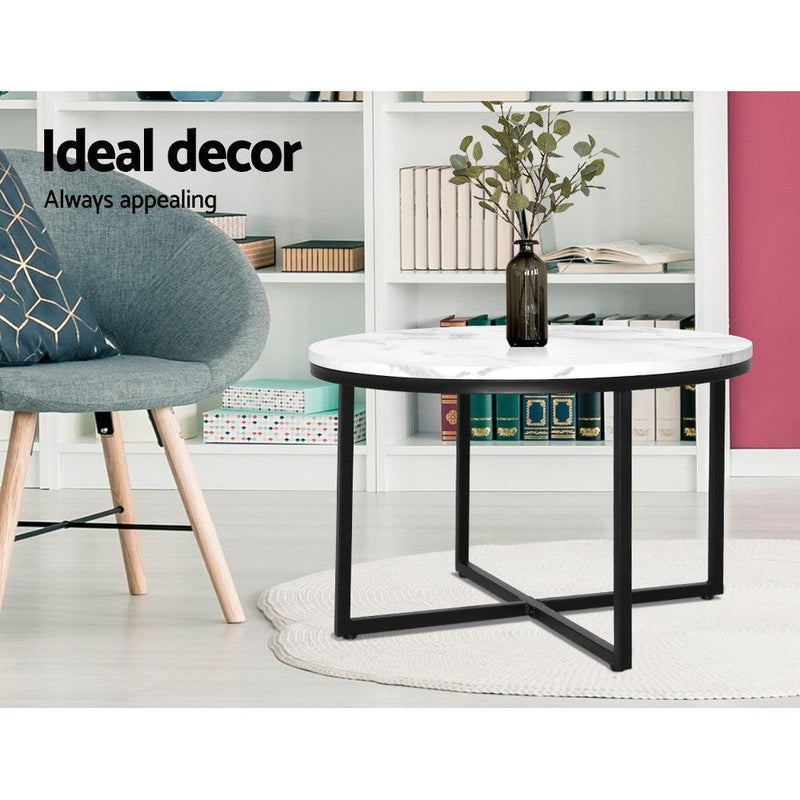 Artiss Coffee Table Marble Effect Side Tables Bedside Round Black Metal 70X70CM - John Cootes