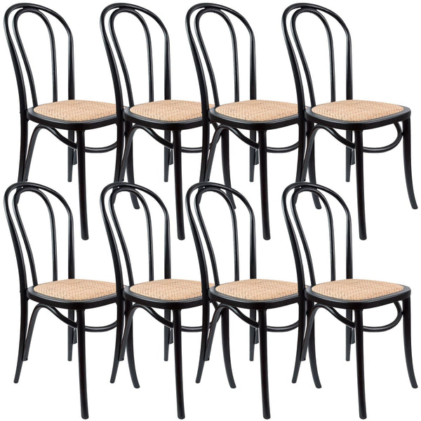 Azalea Arched Back Dining Chair 8 Set Solid Elm Timber Wood Rattan Seat - Black - John Cootes