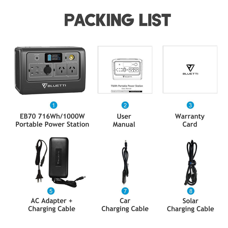 BLUETTI EB70 Portable Power Station 800W 716Wh LiFePo4 Battery with AU plug for Camping Outdoor Home Off-grid Black - John Cootes