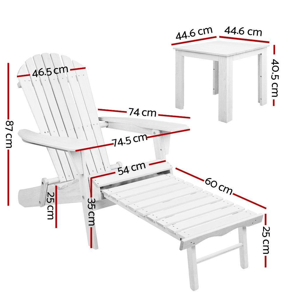 Gardeon 3 Piece Outdoor Adirondack Lounge Beach Chair Set - White - John Cootes