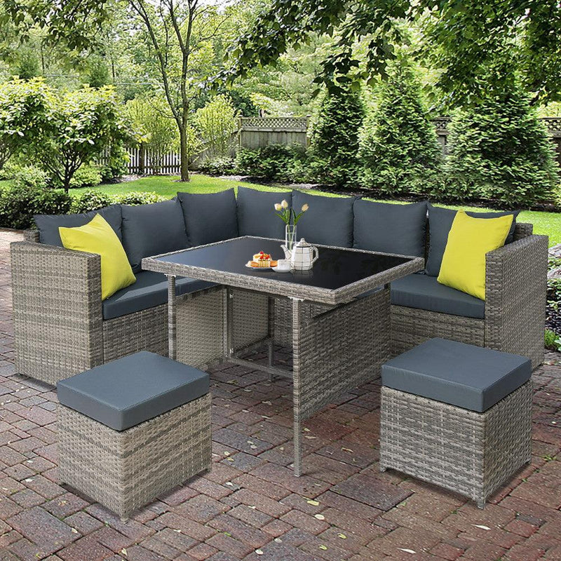 Gardeon Outdoor Furniture Patio Set Dining Sofa Table Chair Lounge Garden Wicker Grey - John Cootes