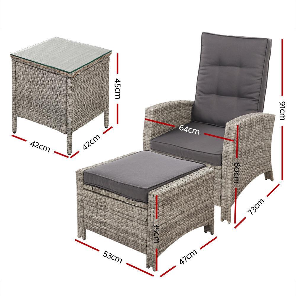Gardeon Outdoor Setting Recliner Chair Table Set Wicker lounge Patio Furniture Grey - John Cootes