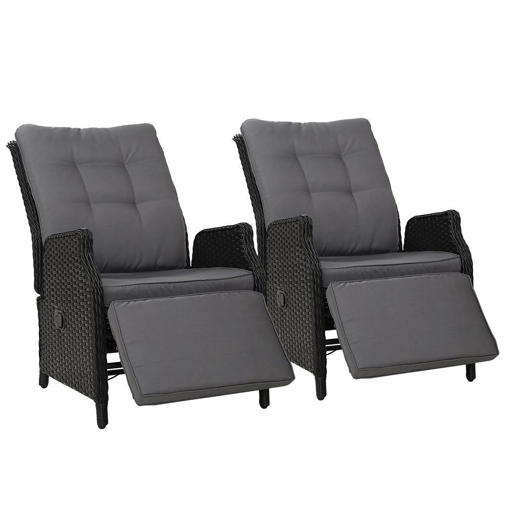 Gardeon Recliner Chairs Sun lounge Outdoor Furniture Setting Patio Wicker Sofa Black 2pcs - John Cootes