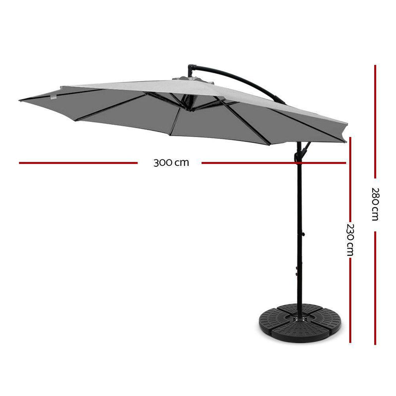 Instahut 3M Umbrella with 48x48cm Base Outdoor Umbrellas Cantilever Sun Beach Garden Patio Grey - John Cootes