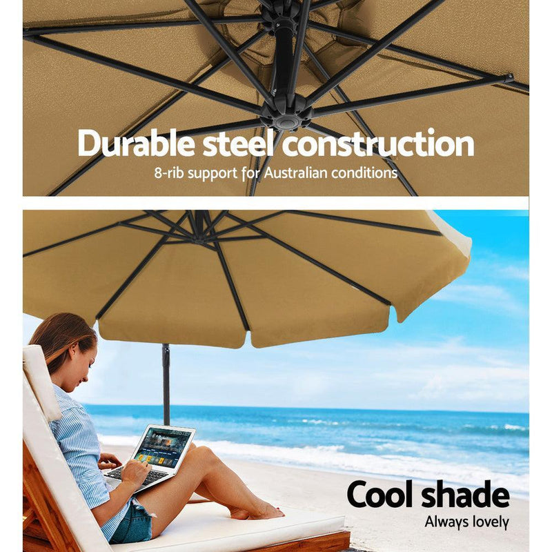 Instahut 3M Umbrella with 48x48cm Base Outdoor Umbrellas Cantilever Sun Beach UV Beige - John Cootes
