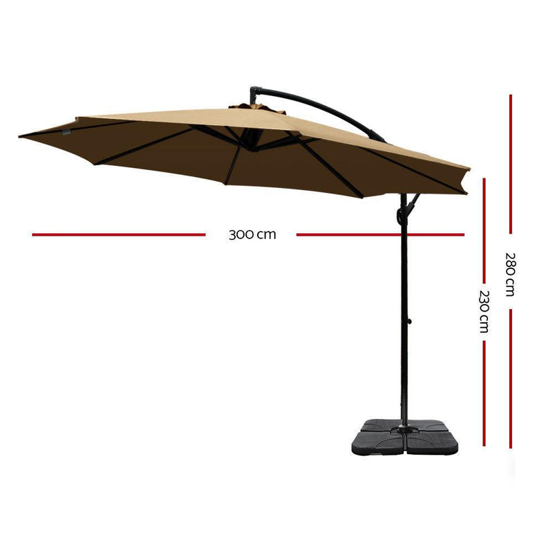 Instahut 3M Umbrella with 50x50cm Base Outdoor Umbrellas Cantilever Sun Stand UV Garden Beige - John Cootes