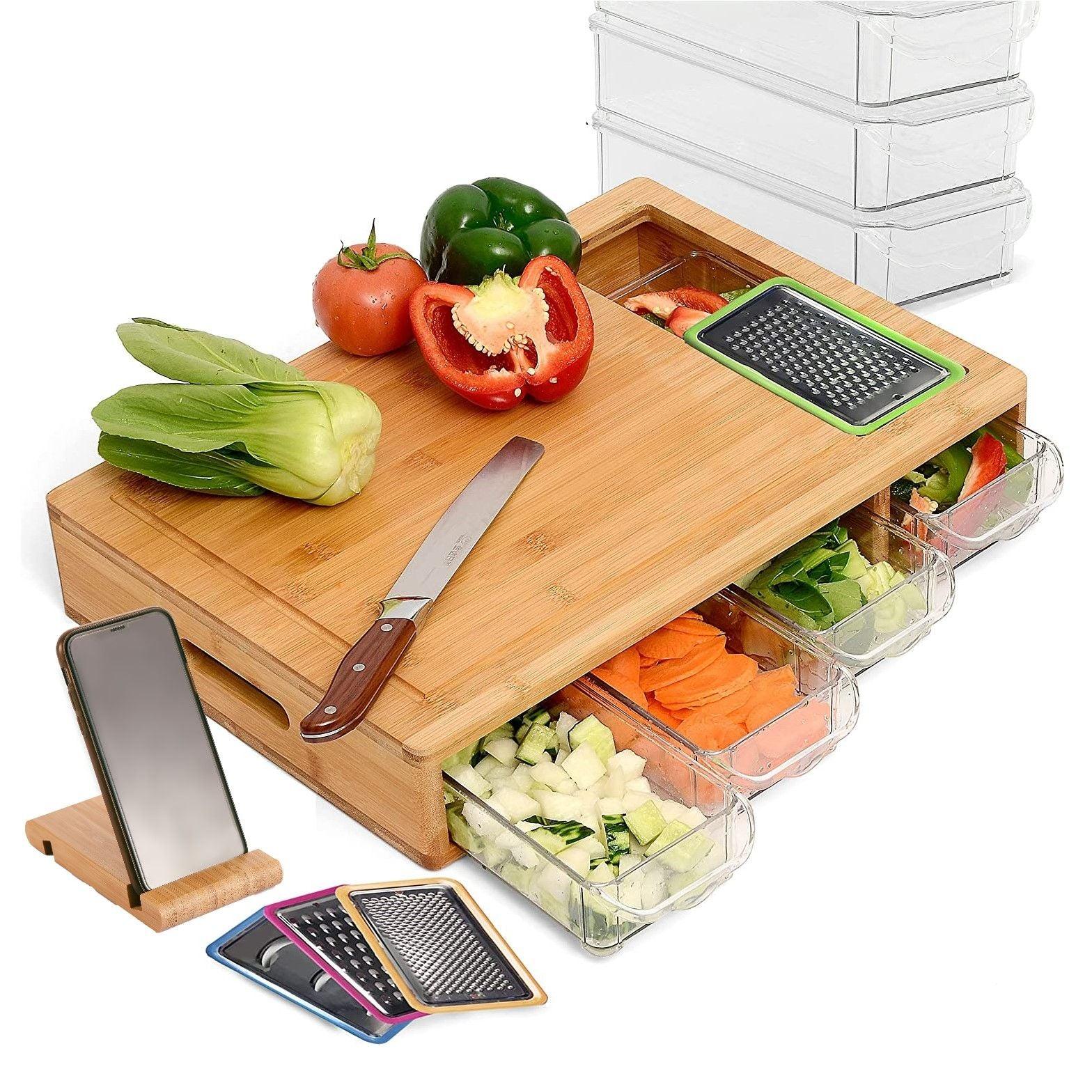 BAMBOO LAND Large bamboo cutting board with trays/drawers/container and  bamboo lids, Chopping board with juice grooves, handles & food