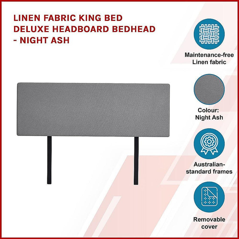 Linen Fabric King Bed Deluxe Headboard Bedhead - Night Ash - John Cootes