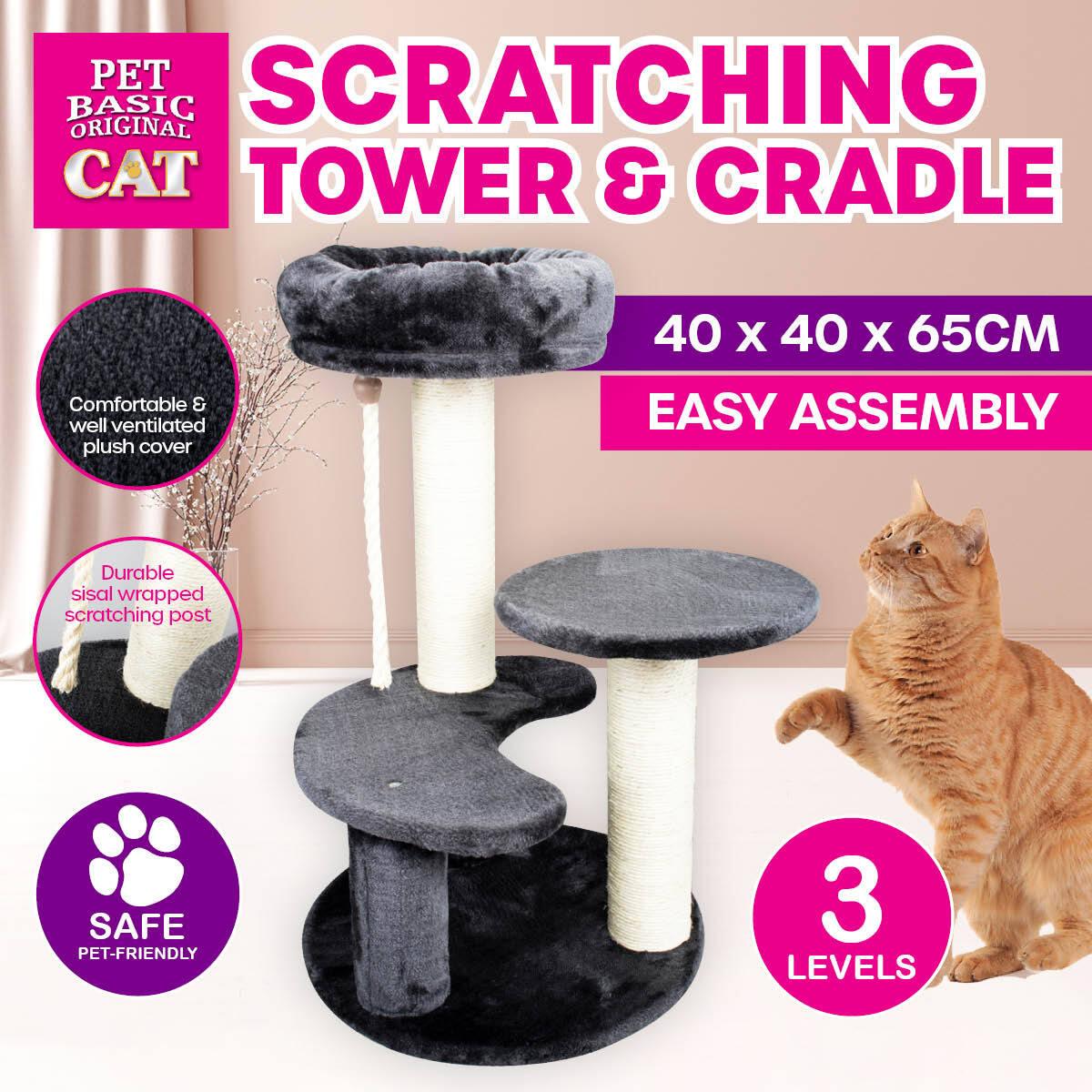 Pet Basic 3 Level Cat Scratching Tower & Cosy Bed Scratch Climb 65 x 40cm - John Cootes