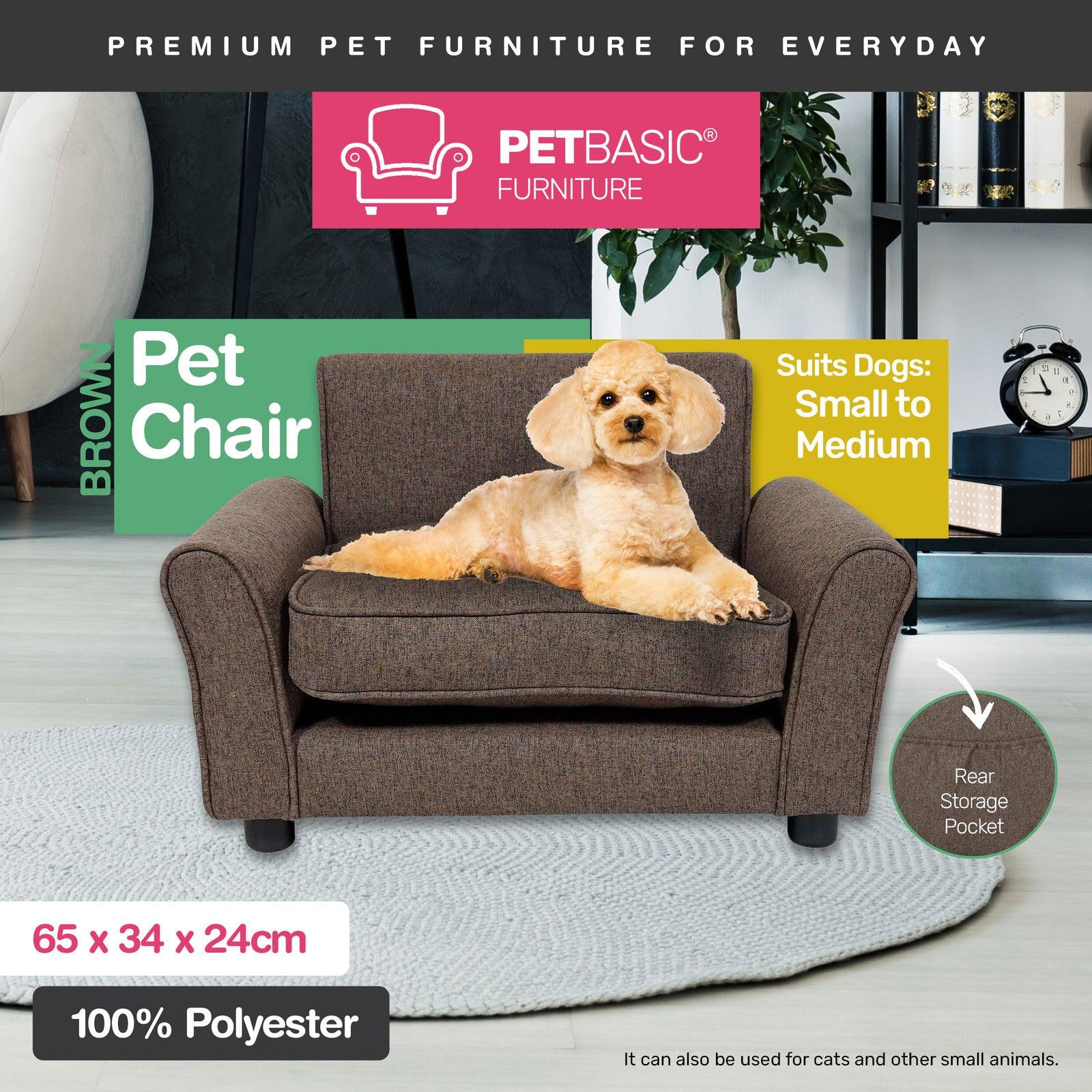 Pet Basic Pet Chair Bed Stylish Luxurious Sturdy Washable Fabric Brown 65cm - John Cootes
