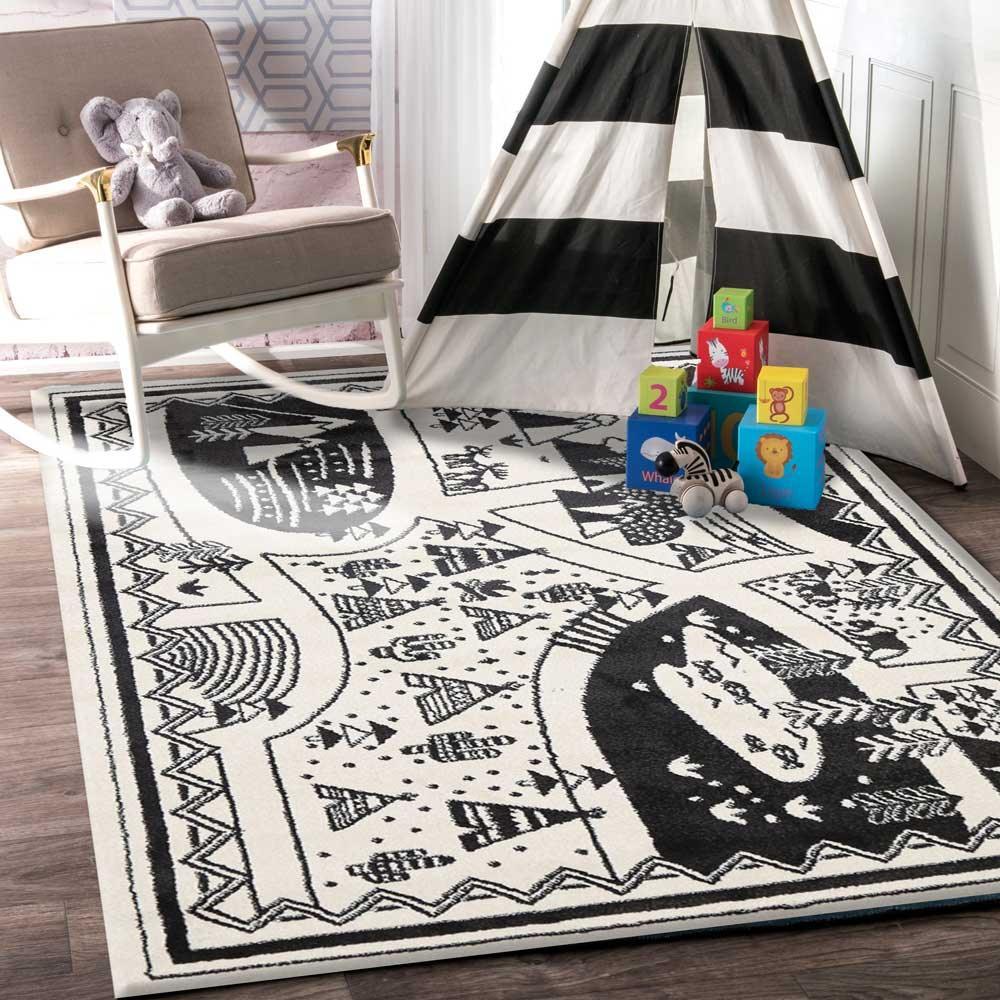 Piccolo Black and White Kids Camping Adventure Kids Rug 120x170cm - John Cootes