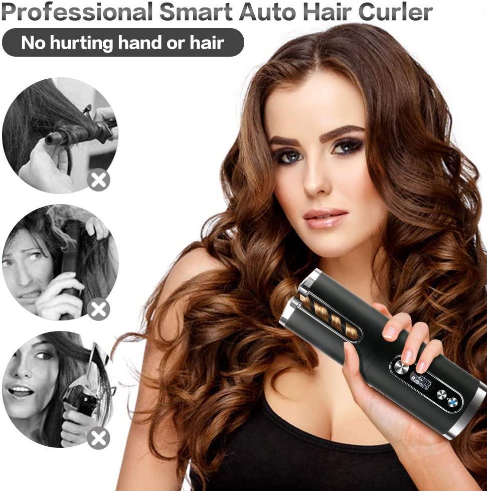 Portable Wireless Automatic Hair Curler for Travel with LED Temperature Display, Timer and USB Rechargeable (Black) - John Cootes