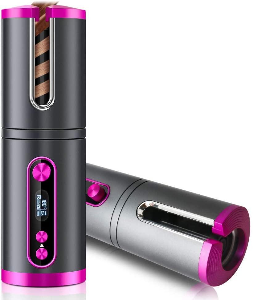 Portable Wireless Automatic Hair Curler for Travel with LED Temperature Display, Timer and USB Rechargeable (Pink) - John Cootes