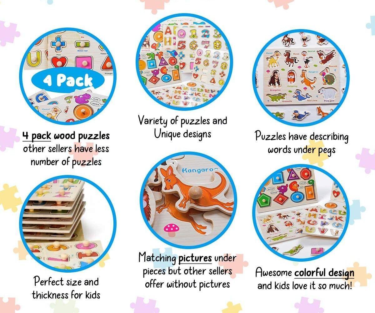Wooden Alphabet ABC, Numbers and Farm Animals Learning Puzzles Board for Kids Preschool Educational Pegged Puzzles Activity from 3 to 4 years Old - John Cootes