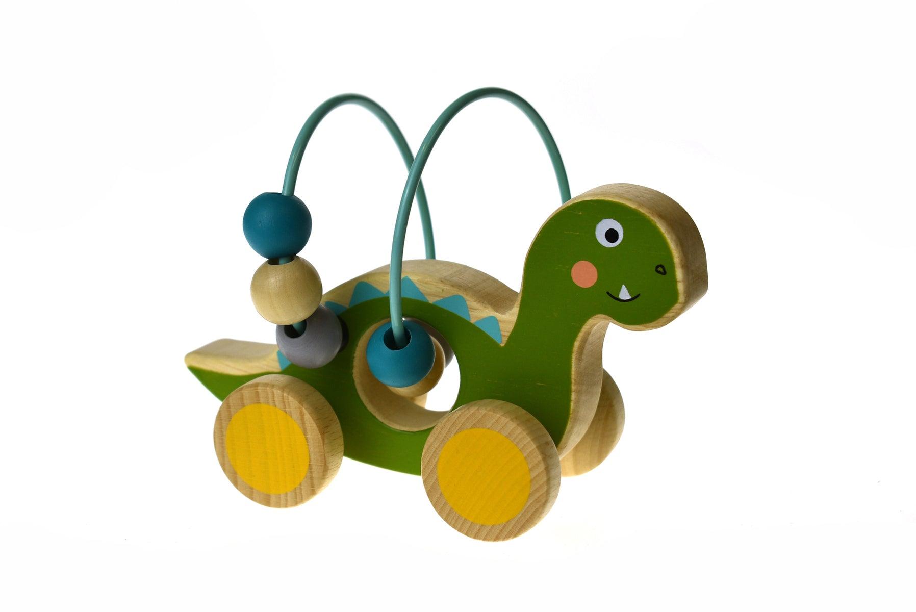 WOODEN DINOSAUR BEAD MAZE ON WHEEL GREEN - John Cootes