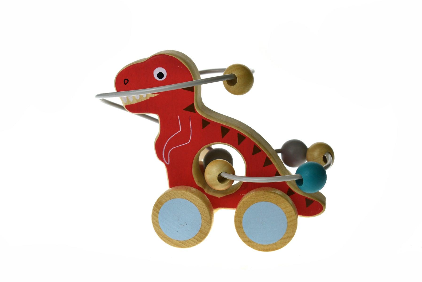WOODEN DINOSAUR BEAD MAZE ON WHEEL RED - John Cootes