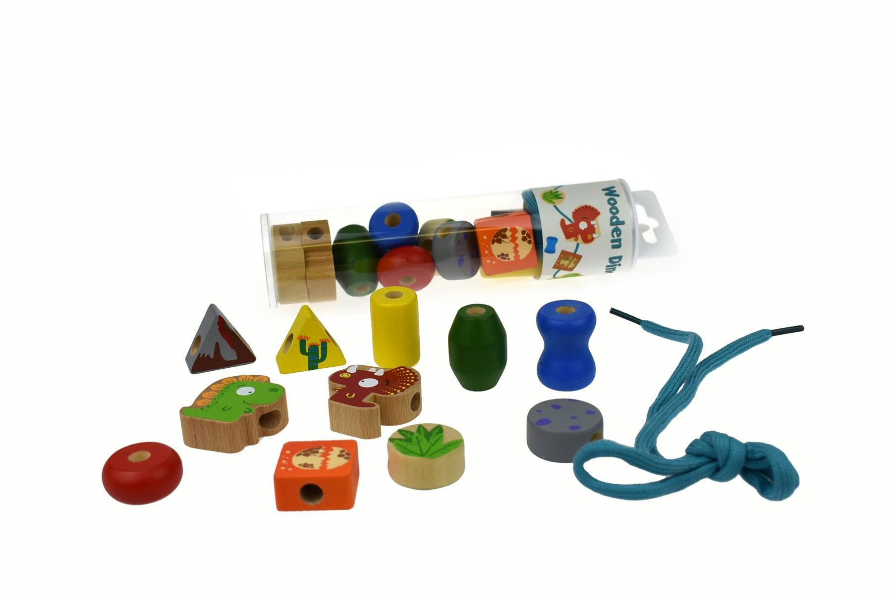 WOODEN DINOSAUR LACING BEAD SET IN TUBE - John Cootes