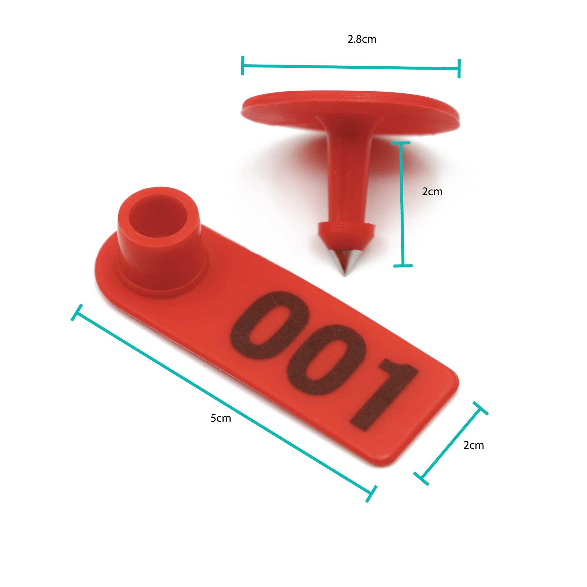 1-100 Cattle Number Ear Tag 5x2cm Set - Mini Red Cow Sheep Pig Livestock Label - John Cootes