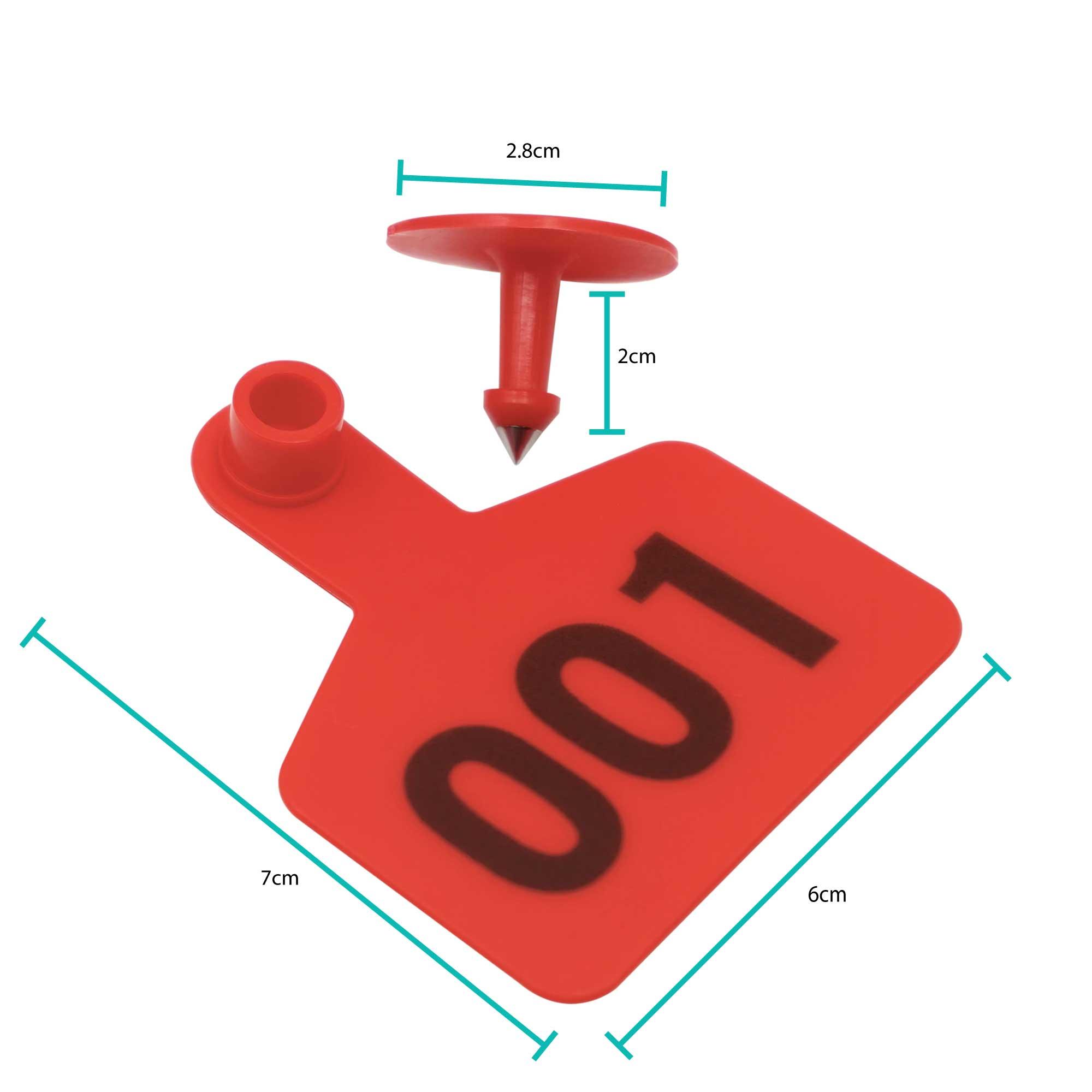 1-100 Cattle Number Ear Tag 6x7cm Set - Medium Red Sheep Livestock Label - John Cootes