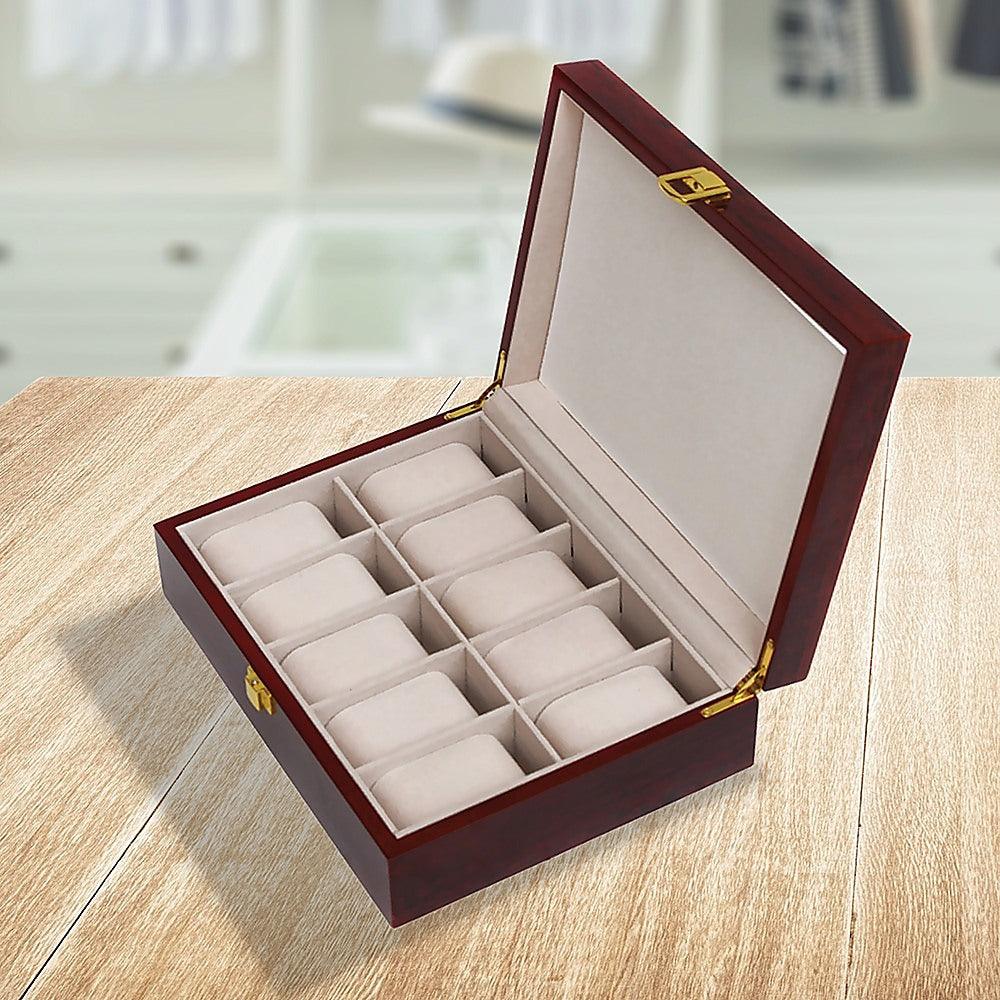 10 Grids Wooden Watch Case Glass Jewellery Storage Holder Box Wood Display - John Cootes