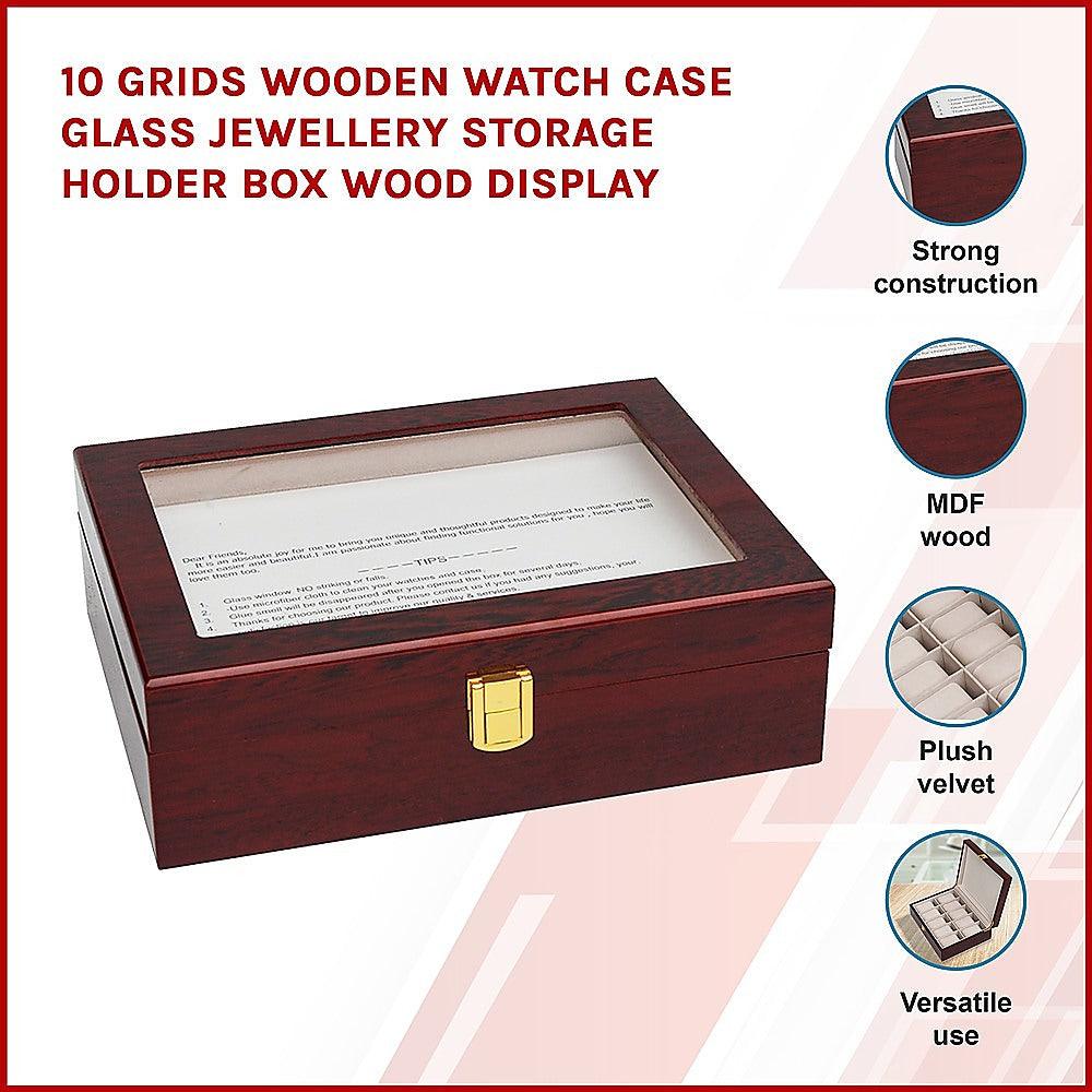 10 Grids Wooden Watch Case Glass Jewellery Storage Holder Box Wood Display - John Cootes