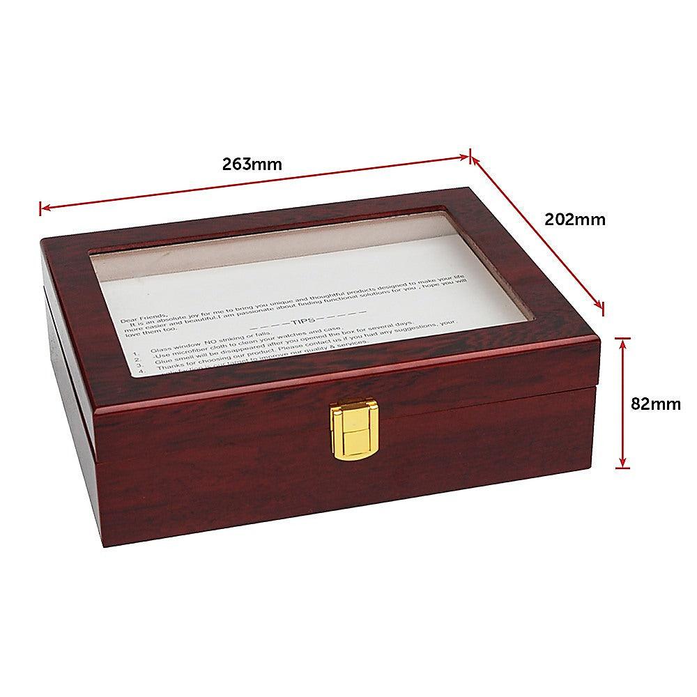 10 Grids Wooden Watch Case Glass Jewellery Storage Holder Box Wood Display - John Cootes