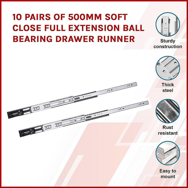 10 Pairs of 500mm Soft Close Full Extension Ball Bearing Drawer Runner - John Cootes