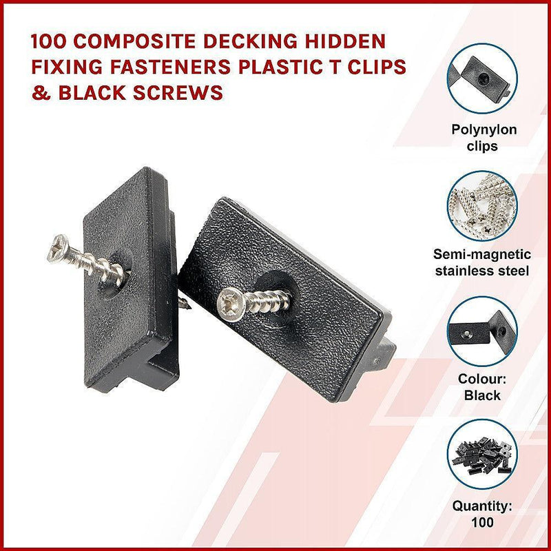 100 Composite Decking Hidden Fixing Fasteners Plastic T Clips & Screws - John Cootes