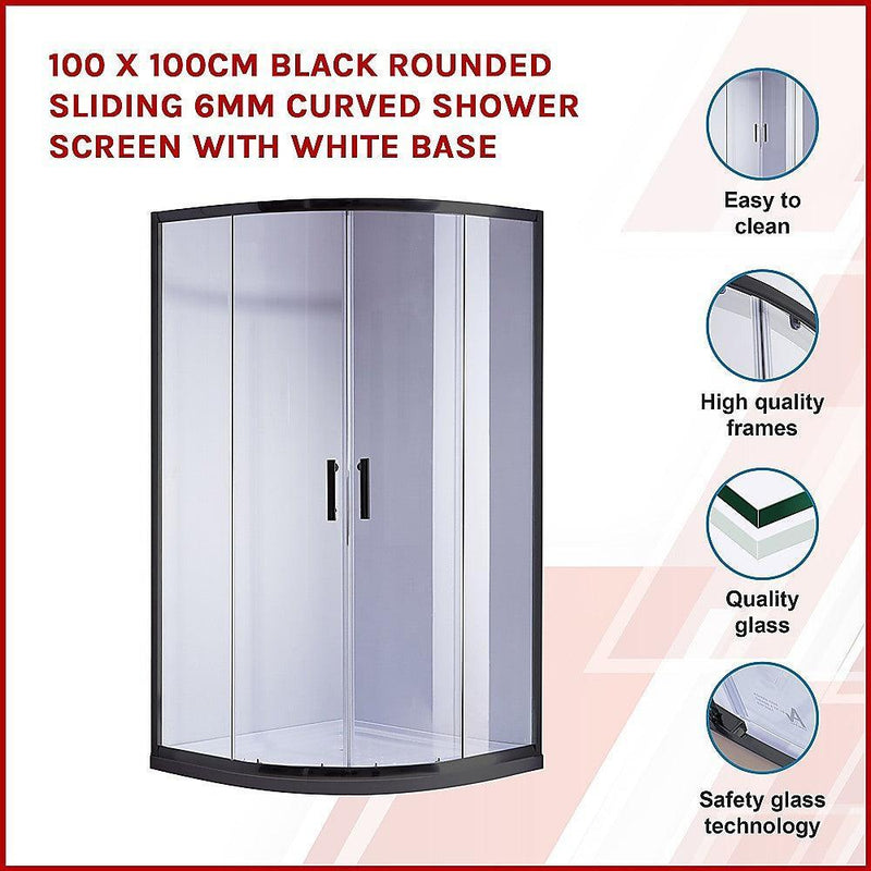 100 x 100cm Chrome Rounded Sliding 6mm Curved Shower Screen with Black Base - John Cootes